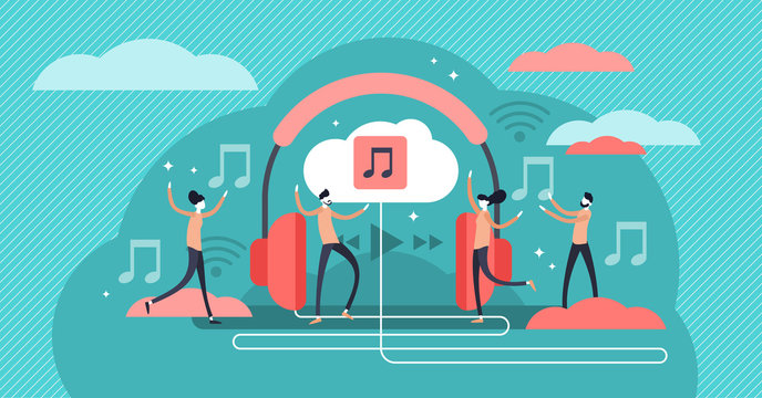 Streaming Music Vector Illustration. Tiny Persons Concept With Headphones.