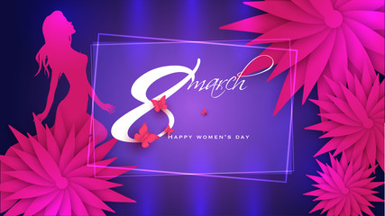 Pink flower decorated blue background with beautiful lady character for Women's Day celebration poster or banner design.