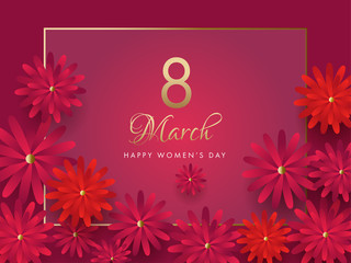 Fototapeta na wymiar 8 March poster or banner design decorated with paper cut flowers for Happy Women's Day celebration concept.