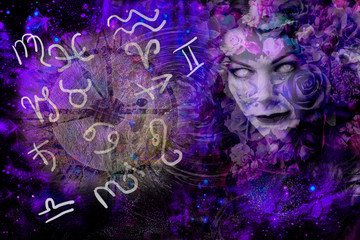 Witch and symbols of astrology, sorcery