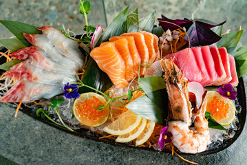 japanese foods sashimi (raw sliced fish, shellfish or crustaceans) - Image - obrazy, fototapety, plakaty