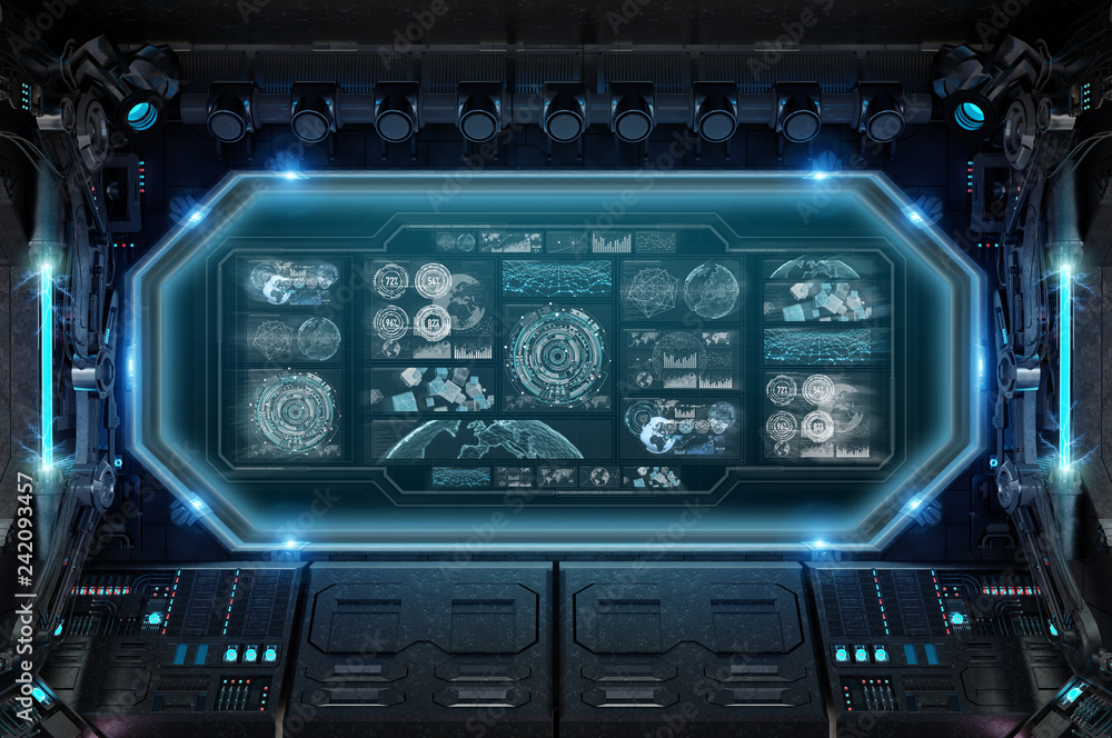 Aufkleber dark spaceship interior with control panel digital screens 3d rendering