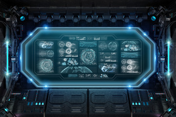 Dark spaceship interior with control panel digital screens 3D rendering © sdecoret