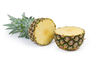 Two halves of fresh pineapple on a white background