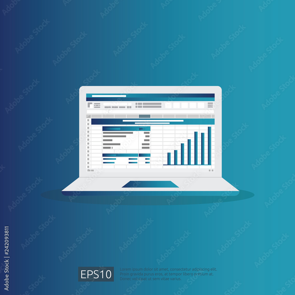Poster seo data analytic, spreadsheet on screen. business finance analysis audit with graphs charts. return