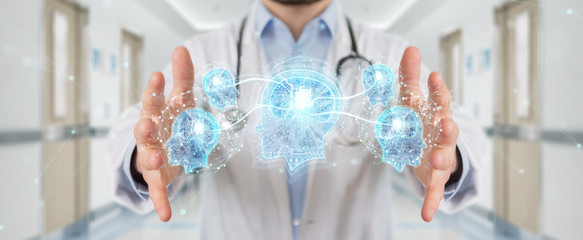 Doctor creating artificial intelligence interface 3D rendering