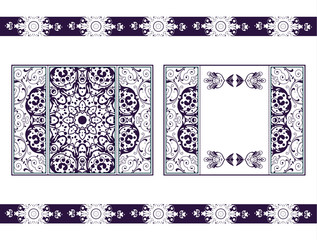 Fototapeta premium Flyer for laser cutting mandala. Vector paper card with purple, crimson lace pattern. Wedding invitations, cards and business card templates. Decorative laser cut cards for design