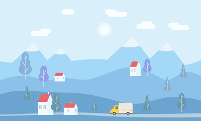 Minimalistic landscape of mountains, trees, houses, background. Concept delivery service, landing. Delivery truck rides on the way to the buyer. Internet delivery, idea, vector, illustration for web