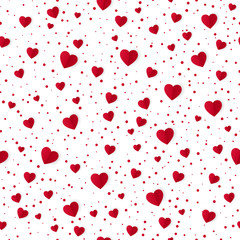 Abstract seamless heart pattern background. Paper red hearts and dots isolated on white. Valentines Day background. Vector illustration