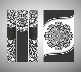 Set of flyer, cover elements of mandala pattern. Oriental motif. Hand painted texture background. Wedding invitations, cards and business templates. Decorative card design printing. Vector EPS 10