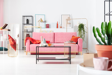Table in front of pink couch with orange blanket in white flat interior with posters and plant....