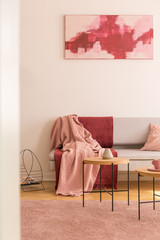 Red and pink poster above grey couch with blankets in living room interior with carpet. Real photo