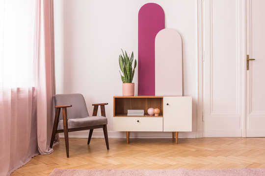 Grey wooden armchair next to cabinet with plant in white and pink living room interior. Real photo
