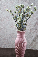 Easter background with willow branches and eggs.