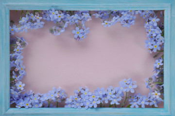 Flower card.Blue frame with gently blue forget-me-not flowers on a pink background.Mothers Day. International Women's Day.top view, copy space.