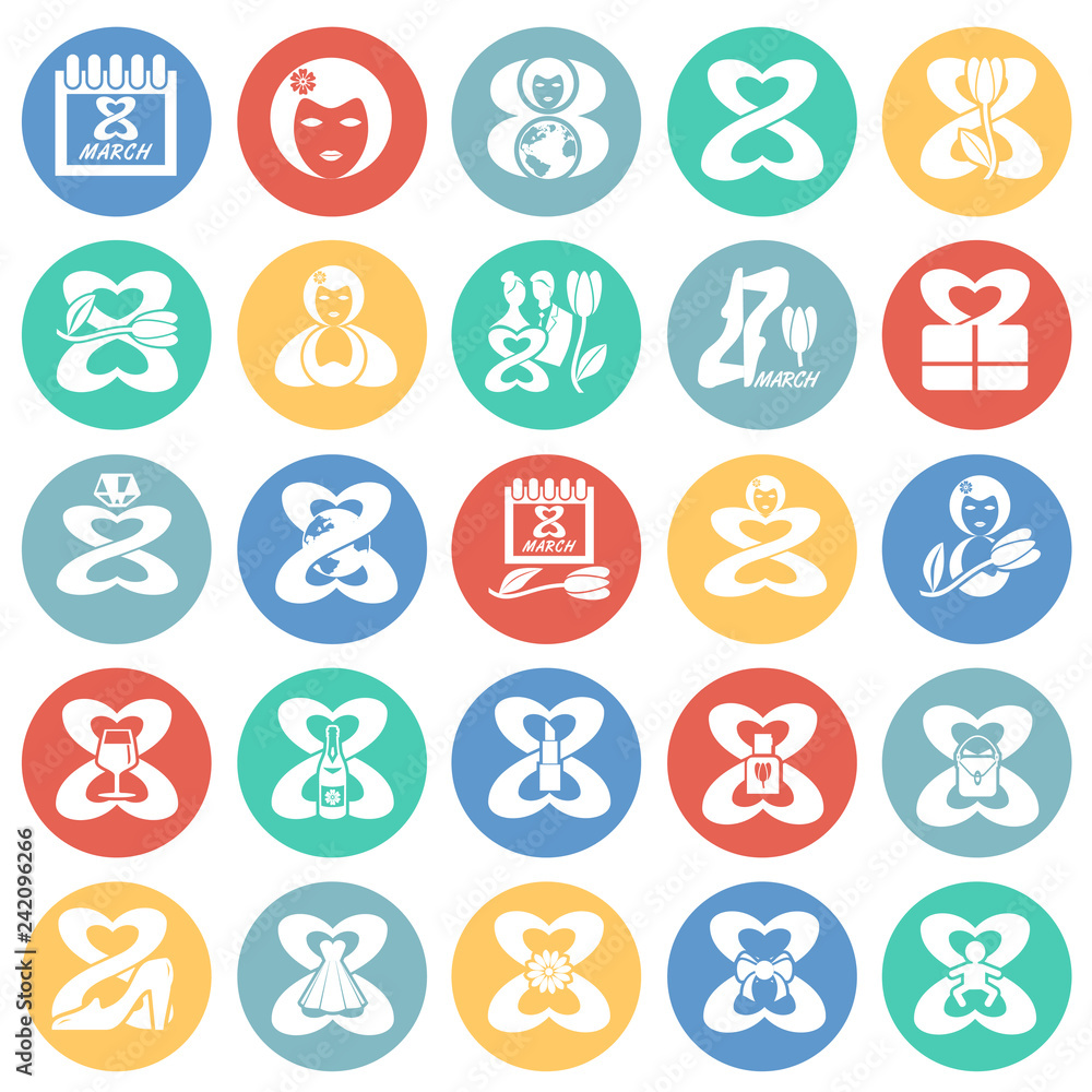 Poster woman day icon set on color circles background for graphic and web design, modern simple vector sign