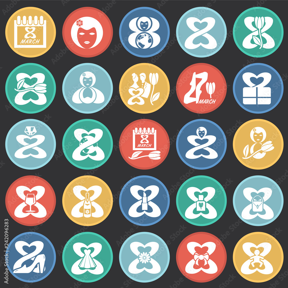Poster woman day icon set on color circles black background for graphic and web design, modern simple vecto