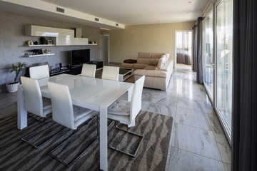 Open plan living room with sofa, table with chairs and kitchen