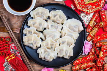 Chinese Jiaozi new year food, spring festival food on traditional spring festival Spring festival...