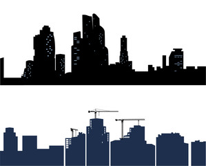 Naklejka premium Black city isolated on white background. Two silhouettes of the urban with burning Windows. The center of the city - Vector illustration.