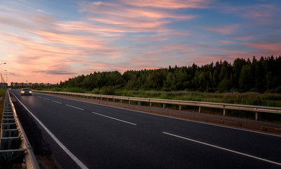 Fototapeta premium The direct road on the outskirts of the wood leaving for the horizon