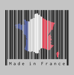 Barcode set the shape to France map outline and the color of France flag on black barcode with grey background.