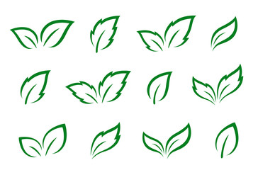 hand drawn set of green leaves icons