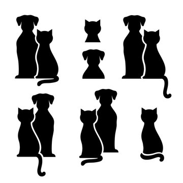 Set of abstract black cat and dog silhouettes