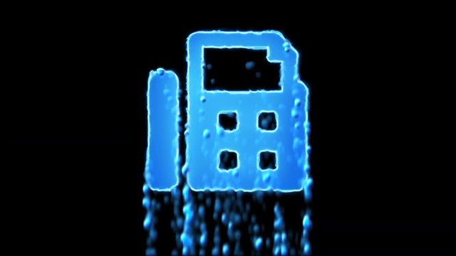 Liquid symbol fax appears with water droplets. Then dissolves with drops of water. Alpha channel black