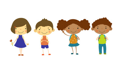 Cute children of different nationalities set, happy little boys and girls, multinational friendship concept vector Illustration