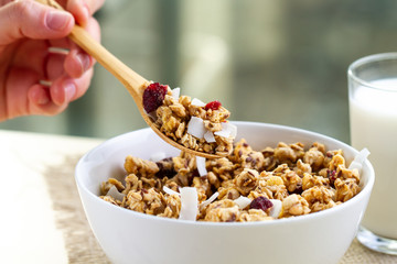 Dry breakfast cereals. Crunchy honey granola with flax seeds, cranberries and coconut in a white...