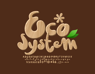 Vector wooden emblem Eco System with textured Font. Set of Natural style Alphabet Letters, Numbers and Symbols 