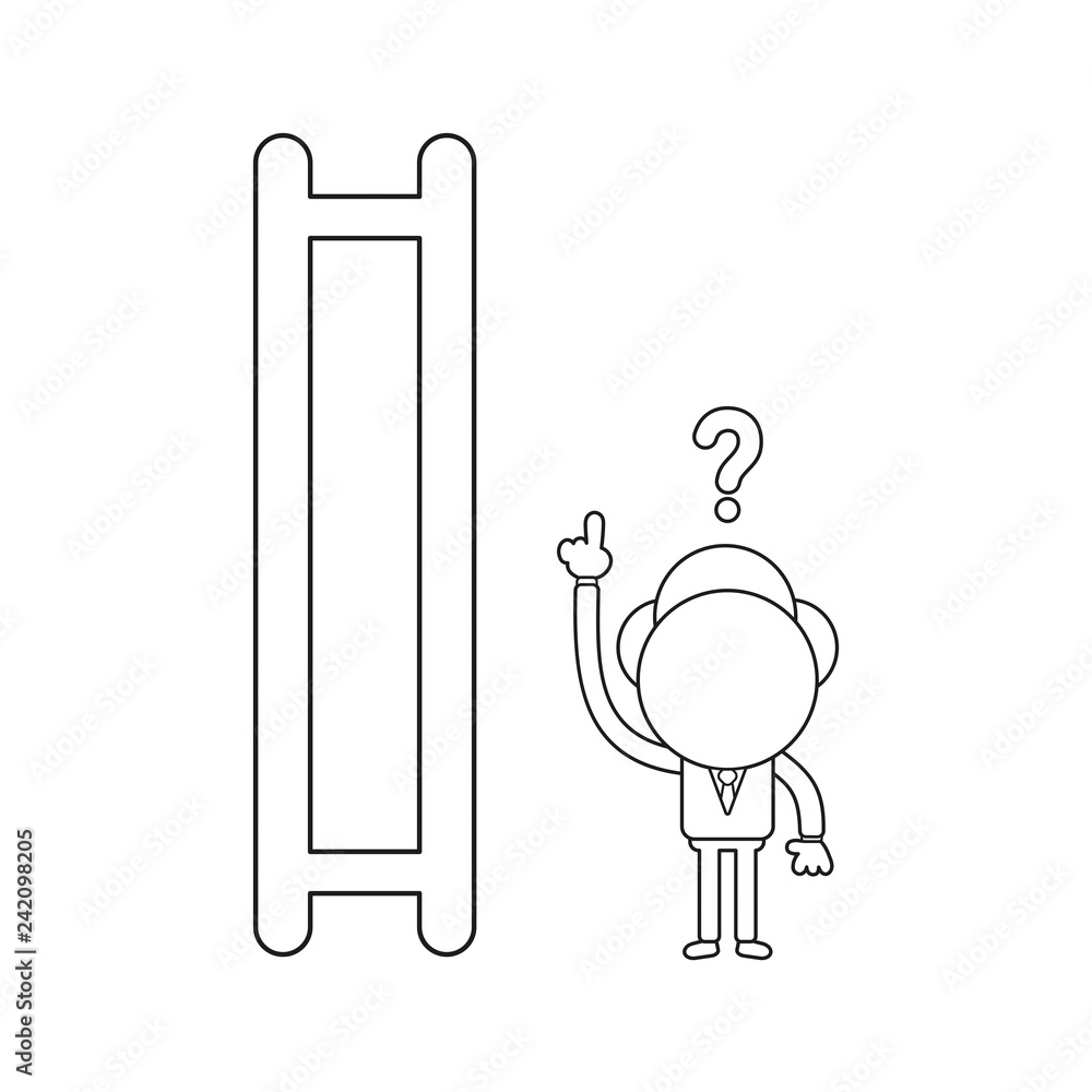 Poster vector illustration of confused businessman character pointing top of ladder with missing steps. bla