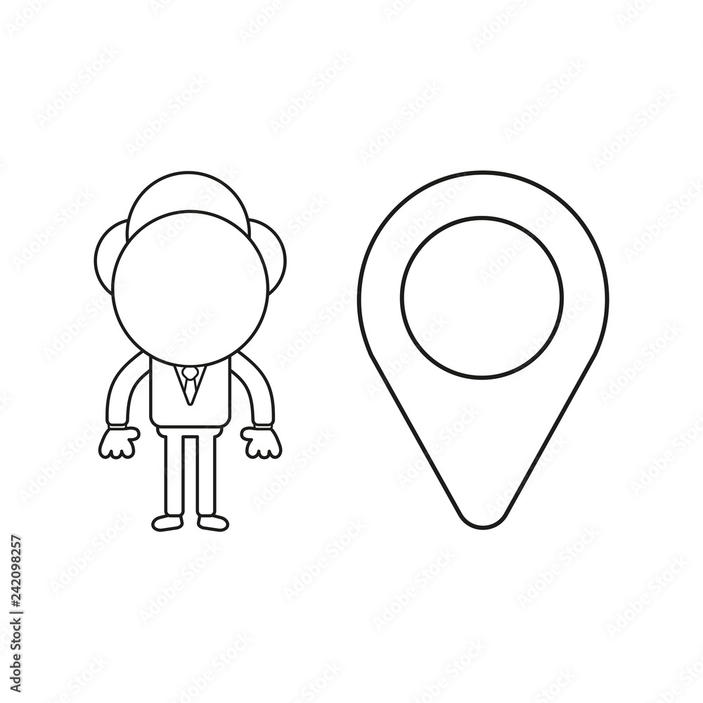 Poster vector illustration of businessman character with map pointer. black outline.