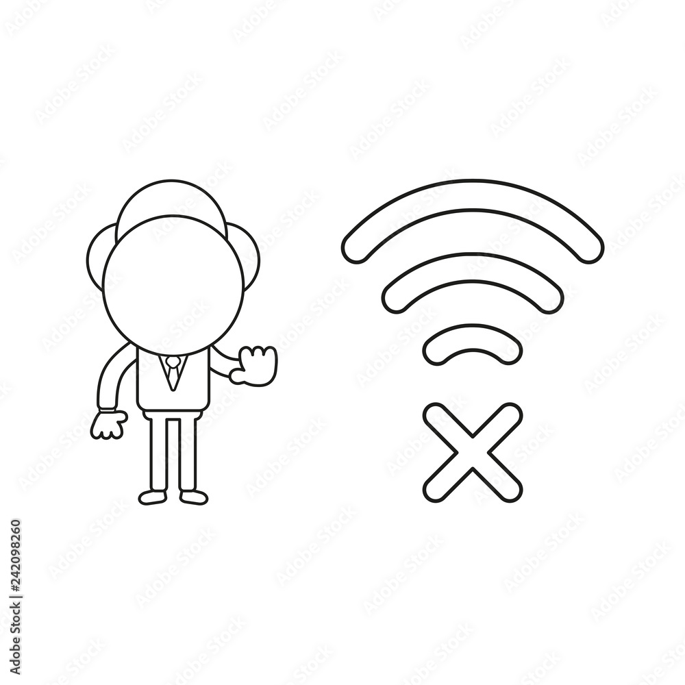 Aufkleber vector illustration of businessman character with wireless wifi symbol with x mark and showing hand 