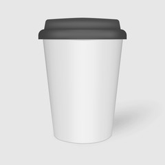 White paper coffee cup with black plastic lid, vector mock-up