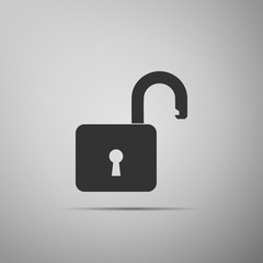 Open padlock icon isolated on grey background. Lock symbol. Flat design. Vector Illustration