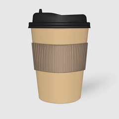 Kraft paper coffee cup with black lid and corrugated sleeve, mock-up