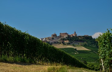 La morra, Piedmont, Italy. July 2018. An idyllic view of the village. From the vineyards, downstream from the town, the village stands out on top of the hill: a pearl of beauty !!