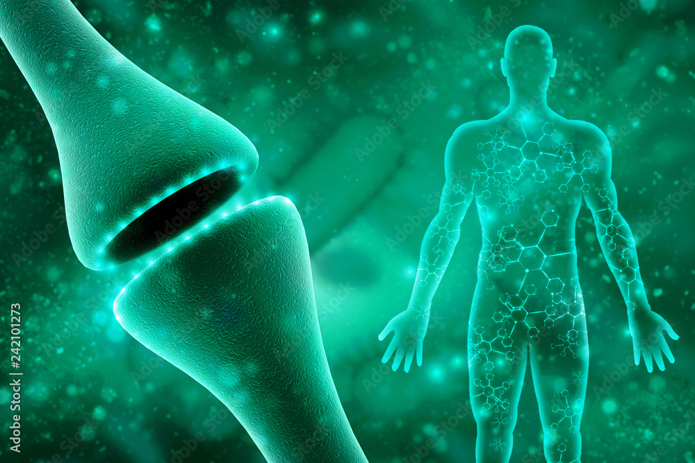 Poster synapse and neuron cells sending electrical chemical signals. 3d rendering