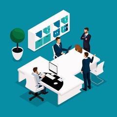 Trend isometric people, concept, office manager front view, a large table for meetings, negotiations, brainstorming, businessmen in suits stylish hairstyle isolated
