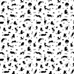 Funny black cats silhouette seamless pattern,cute pets background,