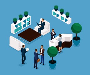 Trend isometric people, reception room rear view, business concept, meeting, handshake, brainstorming, businessmen in suits insulated. Vector illustration