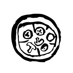 Pizza grunge ink icon with mushrooms. Vector illustration.