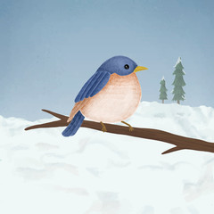 Hand-drawn Tickell Blue Flycatcher on a branch in a snowy forest