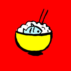 Rice with fish icon. Grunge ink brush vector illustration. Food flat illustration.