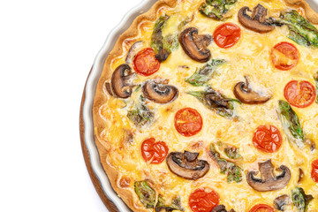 Baked homemade quiche pie in ceramic baking form