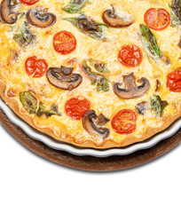 Baked homemade quiche pie in ceramic baking form