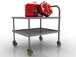 3d rendering First aid kit with ambulance sign in medical table