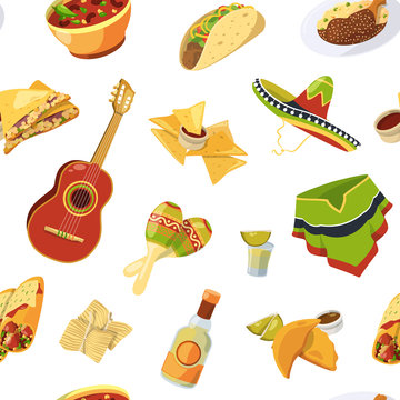 Vector cartoon mexican food pattern or background illustration. Background seamless mexican taco, maracas and tequila